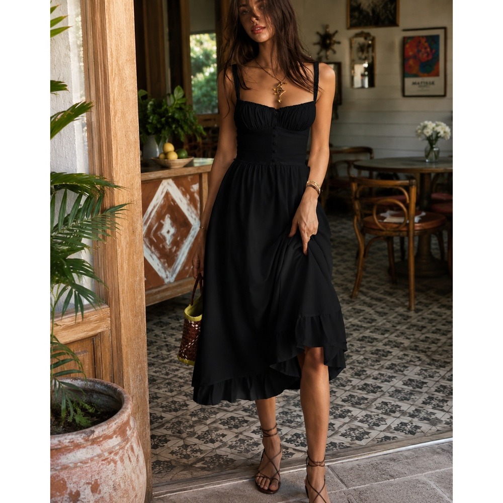 Commense Cotton Black Midi Dress Spaghetti Strap Sweetheart Ruffle Hem Size S